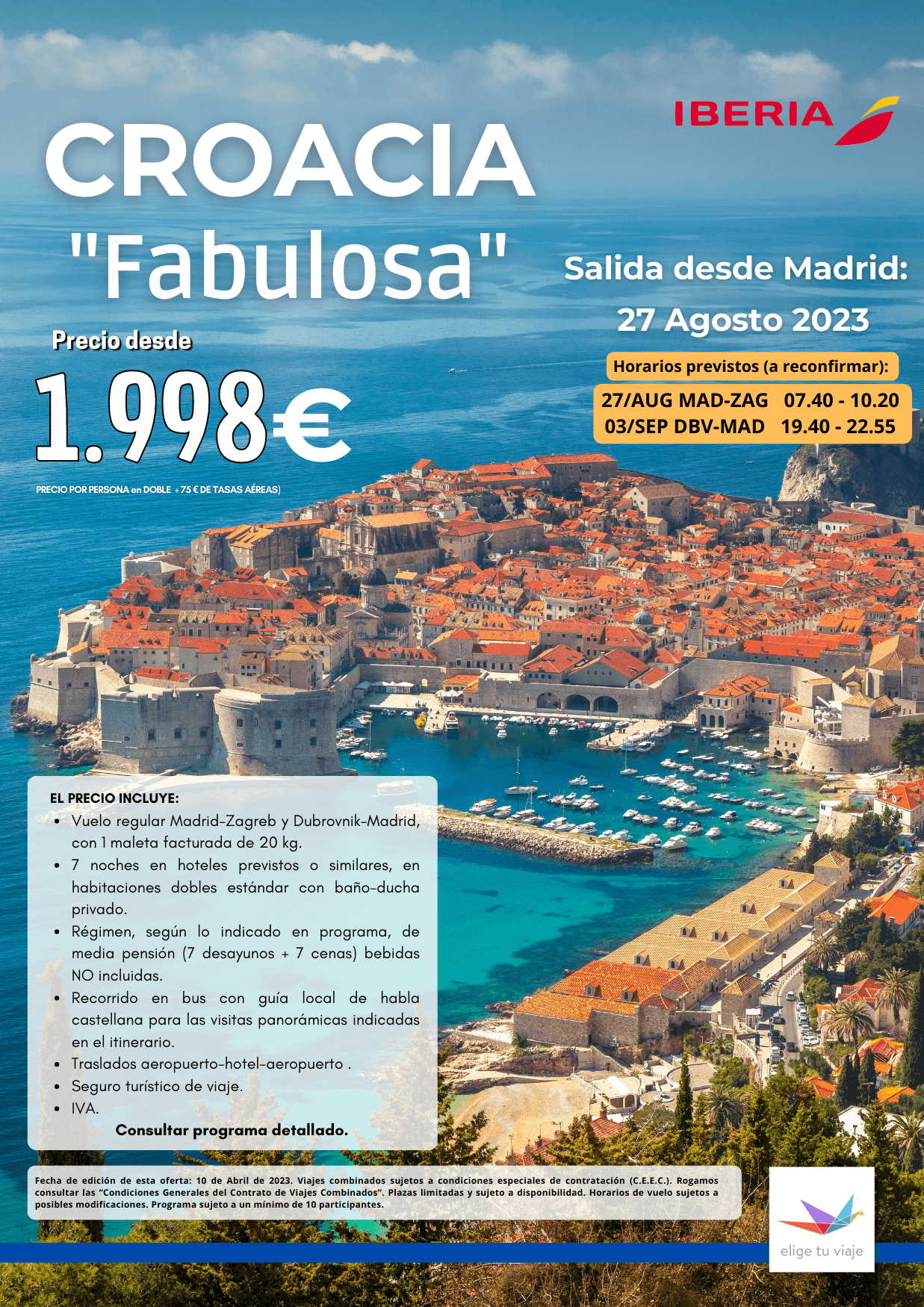 Circuito CROACIA FABULOSA, salida 27 agosto de 2023, programa 8 días 7 noches, Zagreb, Plitvice, Zadar, Trogir, Split, Medjugorje, Mostar, Dubrovnik, salida desde Madrid, Agencias de Viajes Elige tu Viaje